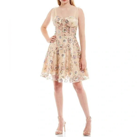 Coya Collection Sequin Floral Corset Bodice Tie Sleeve Fit and Flare Dress, Womens, Juniors, S, Multi